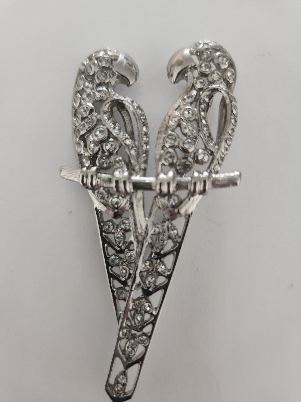 P&M Paris Rhinestone Lovebird Brooch - Silvertone Set Austrian Crystal Stones